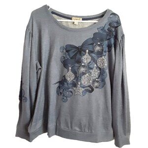 One World Top XL Long Sleeves Boat Neck Pullover Blue Silver Rhinestones